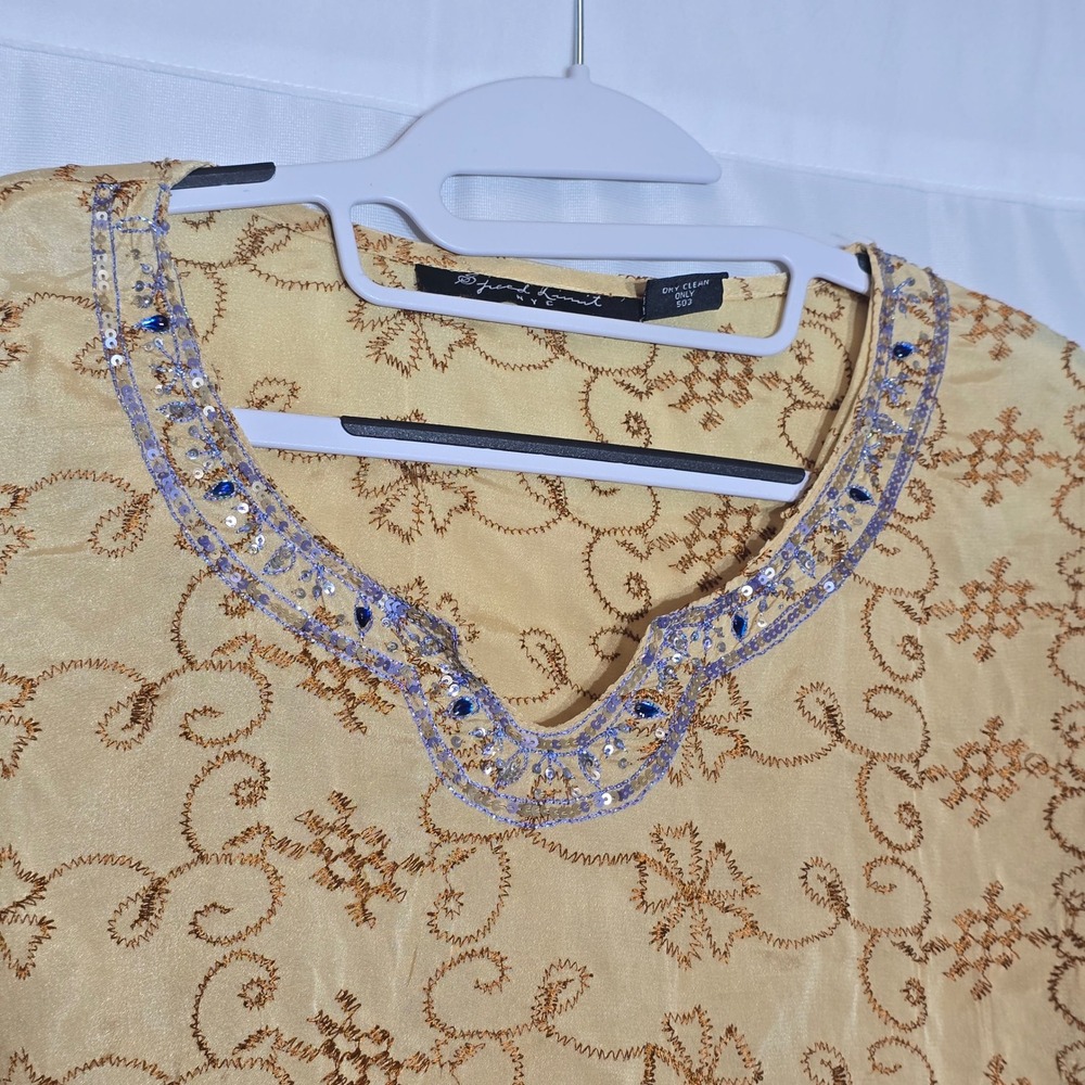 Speed Limit NYC Womens 3X Silk Tunic Top Yellow Purple Embroidered Sequin Boho - Picture 4 of 12
